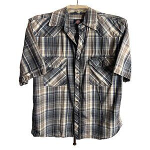 Dickies men Snap medium shirt plaid short sleeve collar blue tan white